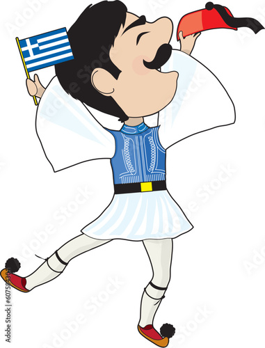 A Greek Evzone dancing with a Greek flag