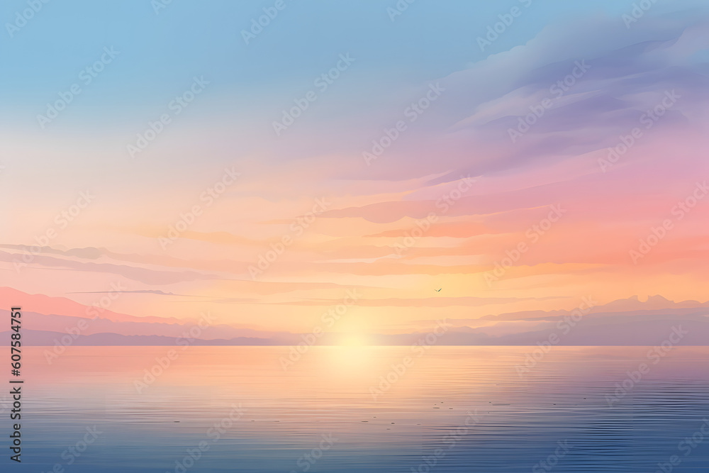 A serene sunrise over a calm ocean with soft pastel colors in the sky. AI-Generated.