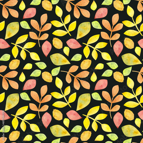 Autumn nature seamless pattern, yellow, orange, green, leaves and branches. Hand-drawn watercolor illustration on black background. For textiles, packaging, fabric