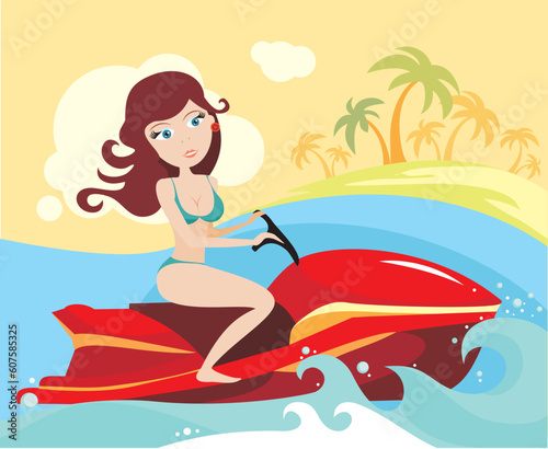 vector illustration of a girl on a waverunner