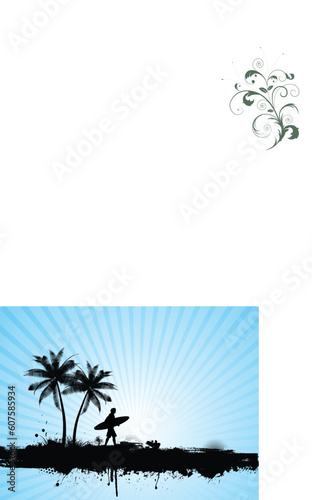 Silhouette of a surfer on a grunge palm tree background