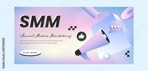 Social media marketing landing page template. Vector flat web banner of SMM with loudspeaker and icons around. Attracting followers in internet. Network advertising.