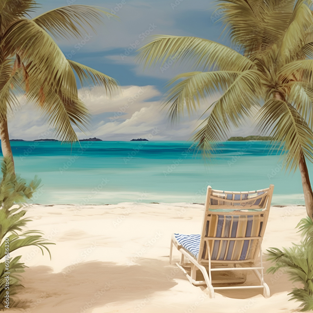 Tropical Paradise: ocean sea and tropical beach with palm, beach umbrella and deck chair.