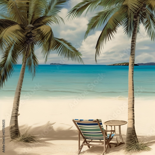 Tropical Paradise: ocean sea and tropical beach with palm, beach umbrella and deck chair. © Tanuha