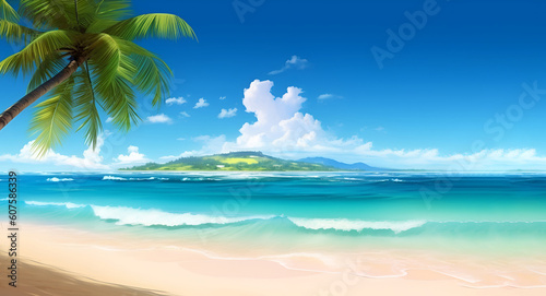 Tropical Paradise: ocean sea and tropical beach with palm, beach umbrella and deck chair. © Tanuha