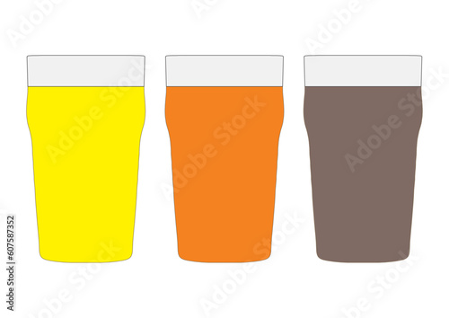 Three pints of British beer including lager, bitter and stout