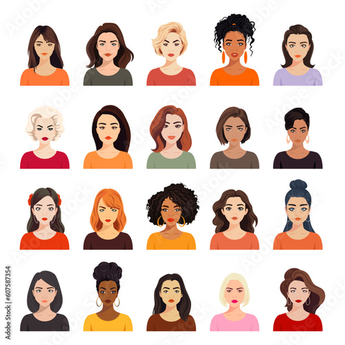 Vector Woman Avatar Set. Beautiful Young Girls Portrait Collection, Different Hairstyle. Female Expressing, Emotions, Different Nationalities. Cartoon Multiethnic Society in Flat Style. Front View