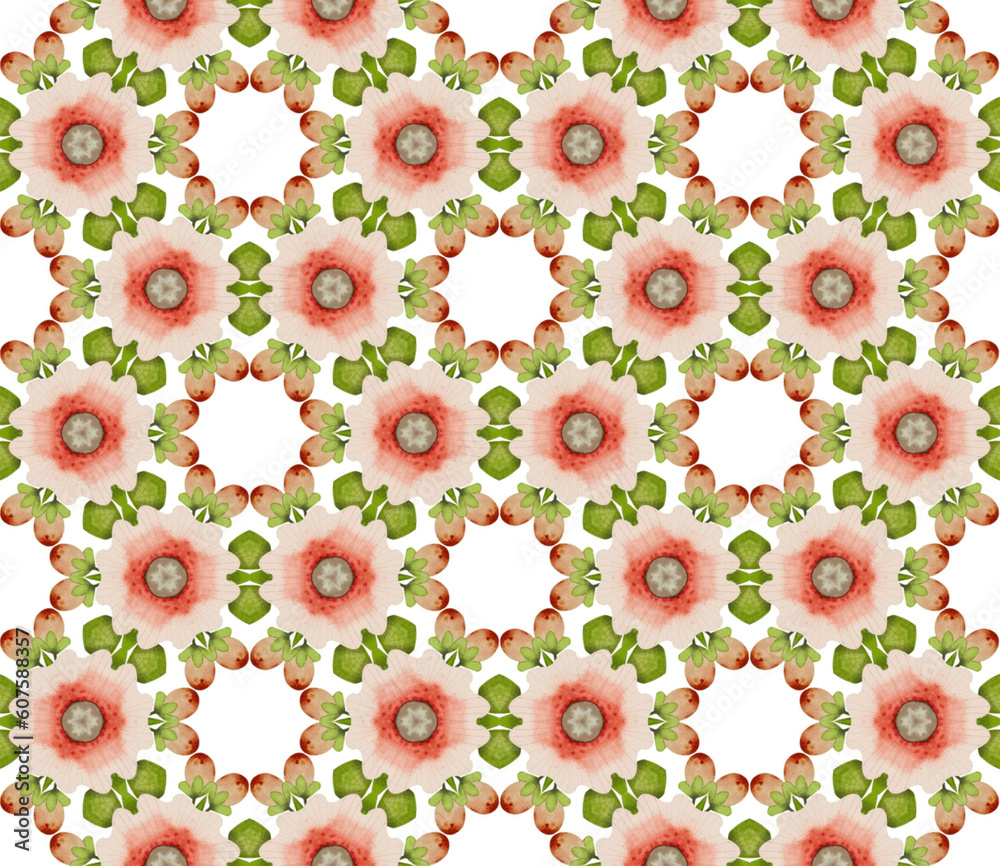 Red flowers geometrical seamless pattern. Watercolor background with hand painted elements. Texture for wrapping paper, fabric, cards.