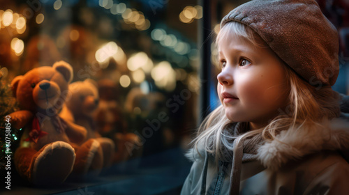 a little girl in warm clothes stands in front of a shop window with toys. festive illumination