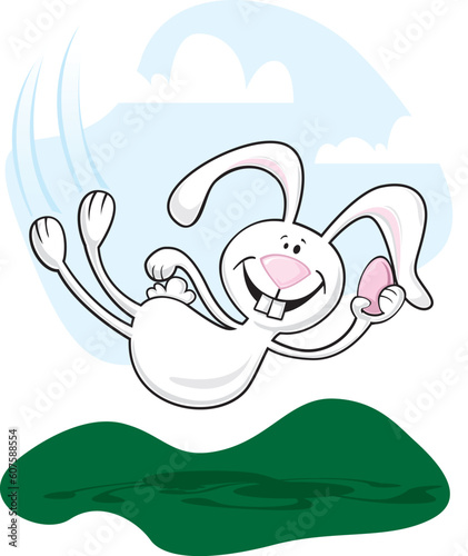 Happy Easter Bunny flying through the air holding an Easter egg