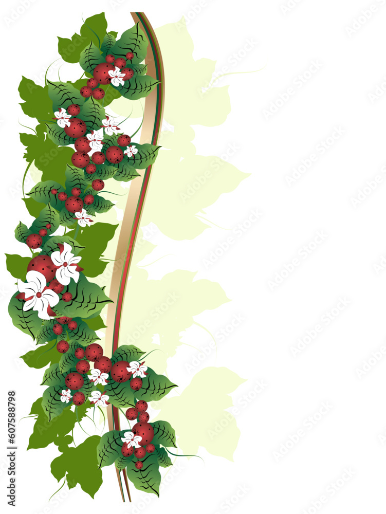 Fototapeta premium White background with floral ornament and berries