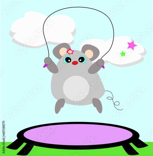 This mouse loves to jump rope and on the trampoline.
