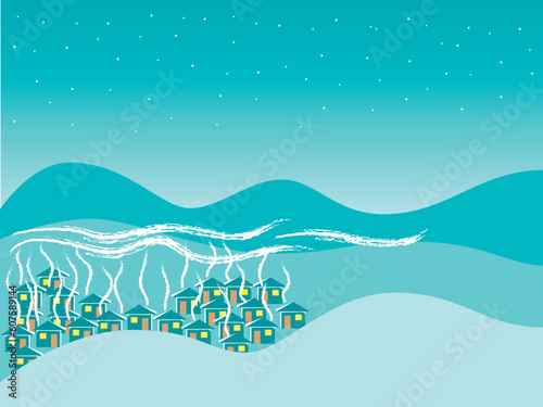vector illustration of mountain village in blue colors
