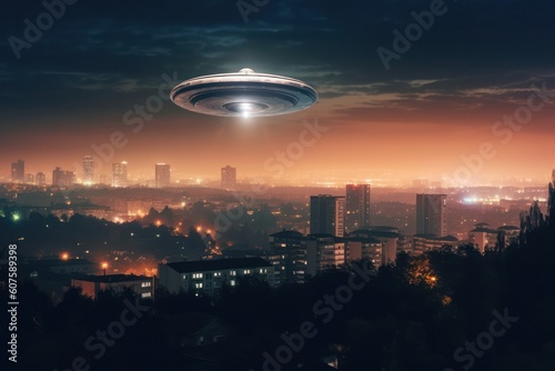 UFO, alien spaceship with a blue beam of light flies over the city. realistic illustration. Generative AI