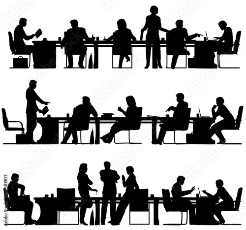 Set of three editable vector foreground silhouettes with all figures and other elements as separate movable objects