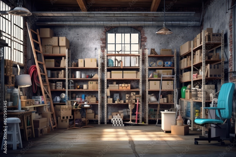 stock photo of warehouse room with stuff tools equipment photography Generative AI stock photo of warehouse room with stuff tools equipment photography Generative AI