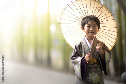 A little boy in a kimono holding an umbrella. Generative AI.