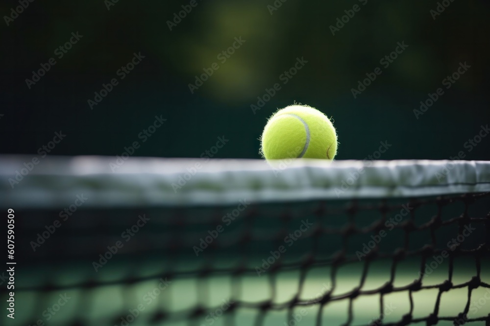 Tennis ball flies over a tennis net, close up Generative AI