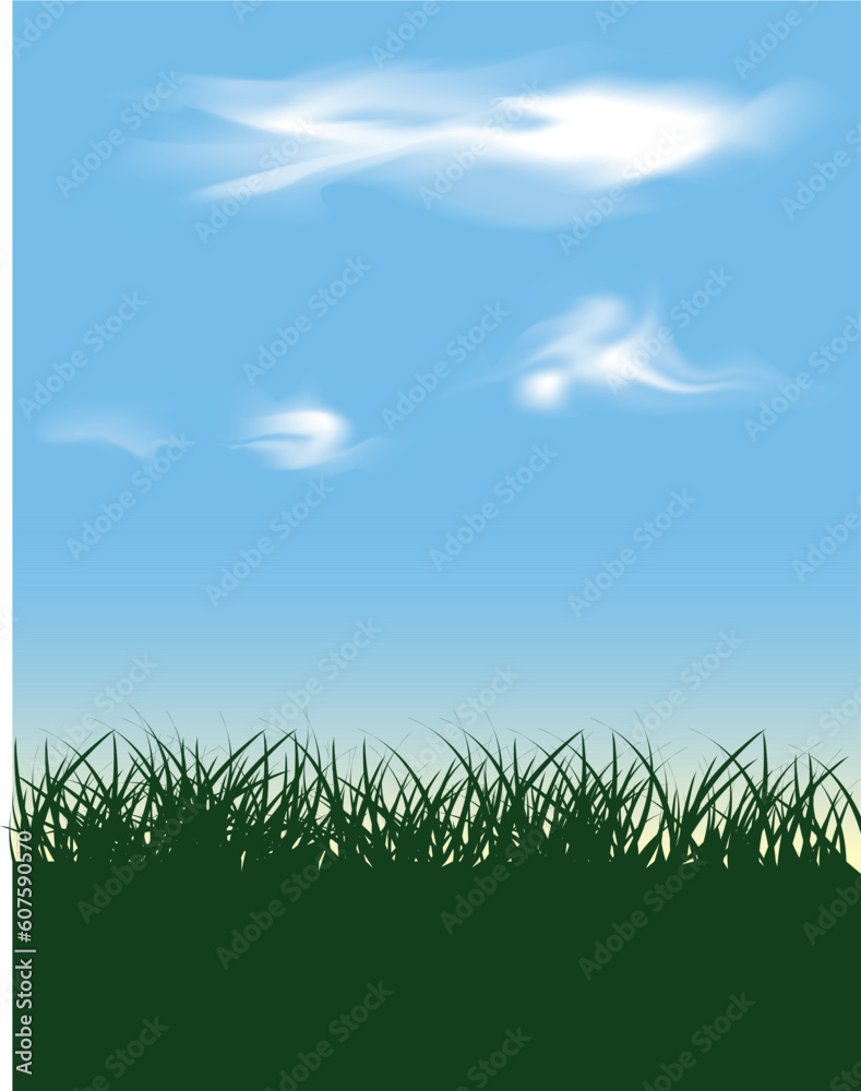 Fototapeta premium Vector based Grass Silhouette against blue sky with clouds