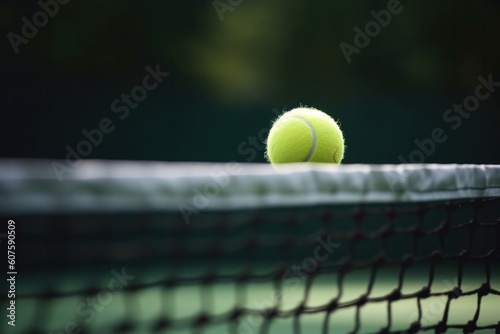 Tennis ball flies over a tennis net, close up Generative AI © zakiroff