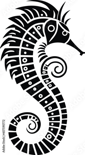 Seahorse tribal maori style tattoo design with ethnic Polynesian tribal elements  black and white sea horse vector isolated on white background