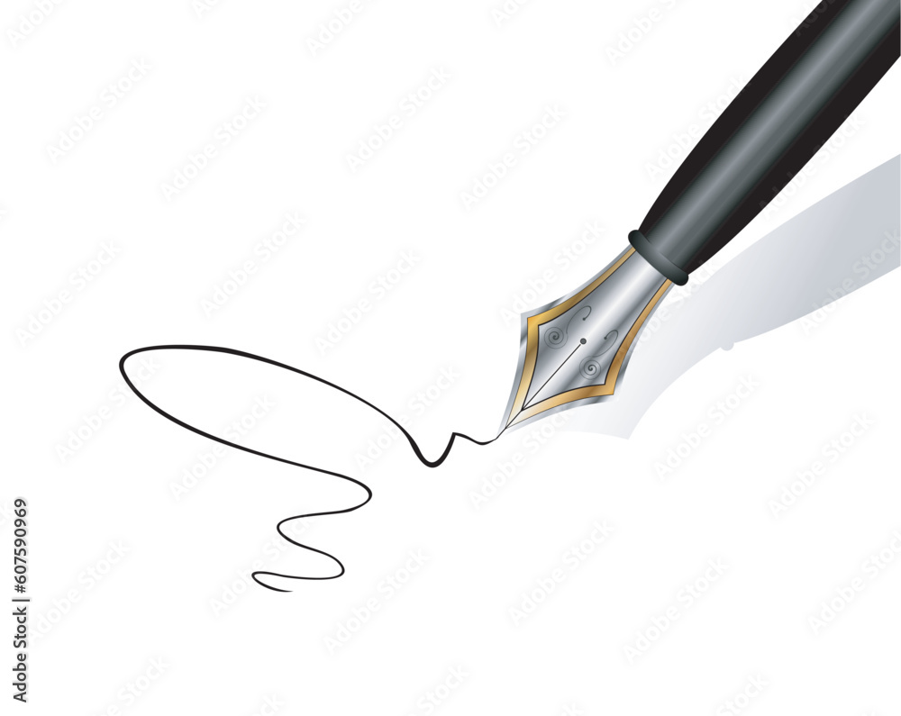 Obraz premium An elegant gold and iron fountain pen writing on white paper
