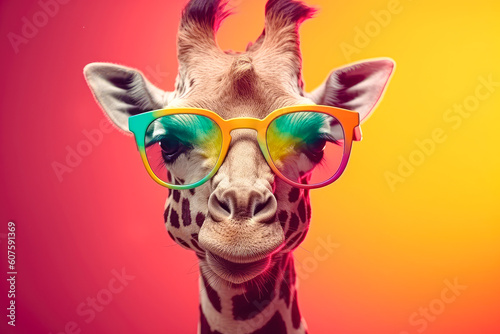 Cute giraffe wearing sunglasses. animal on summer vacation, animal illustration. Ai generative