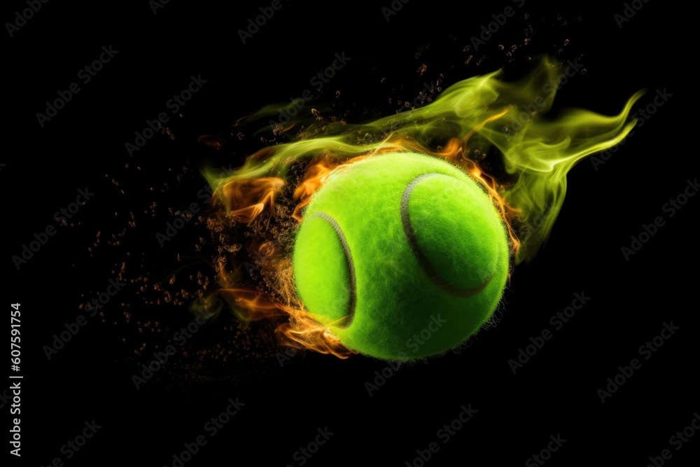 Green tennis ball flies and burns with flame on black background Generative AI