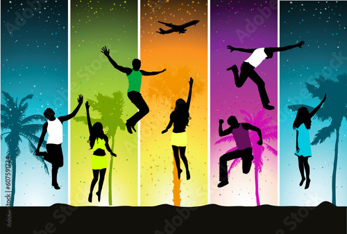 Summer vacations, funny people on colorful backgound
