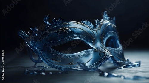 A blue half face semi transparent carnival mask festival high detail beautiful with dark studio background for concept and commercial used. Generative AI technology.
