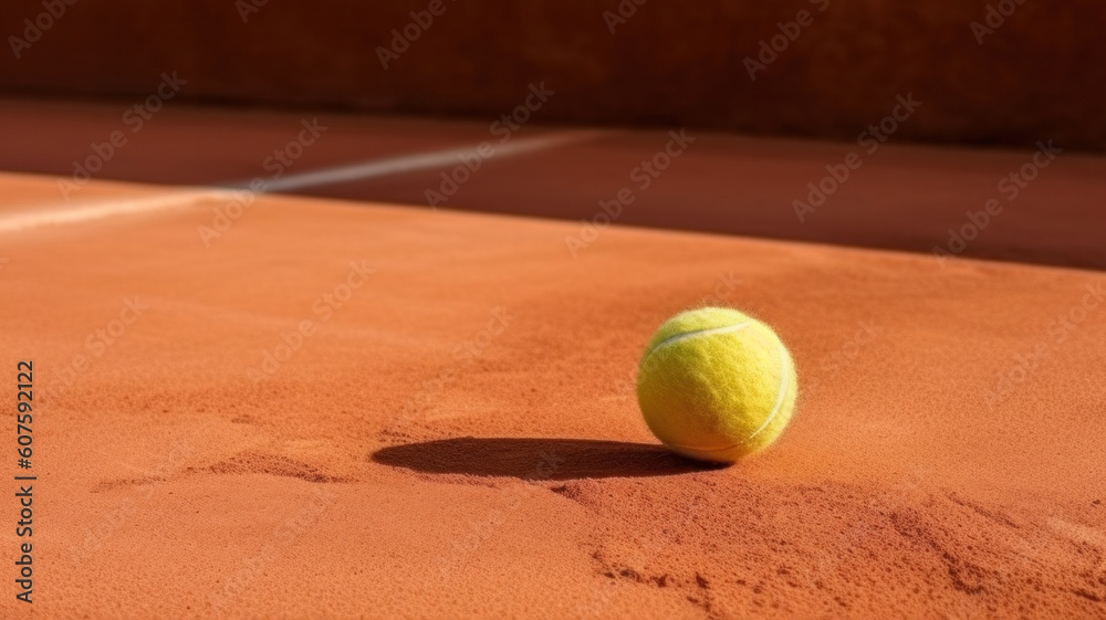 Tennis ball close-up lies on a clay tennis court with copy space Generative AI