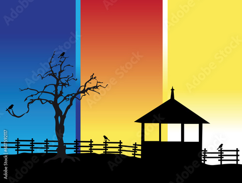 Old tree, house, nature silhouette