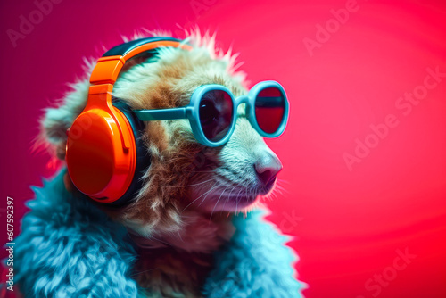 Hamster in headphones leastening music. Generative AI