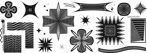 Geometric psychedelic shapes in black and white based on a square, zigzag, line. Vector illustration of abstract symmetrical objects