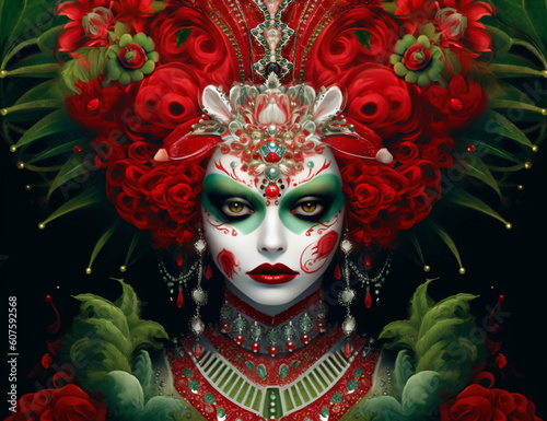 a green and white lady with makeup and gothic carnival mask, magical woman with red headdress, fictional person created with generative ai