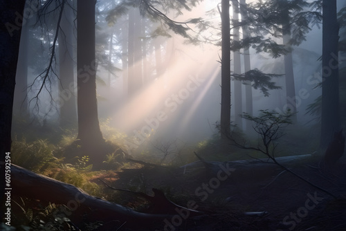 A mystical foggy morning in a dense forest  with the first rays of sunlight filtering through the mist.