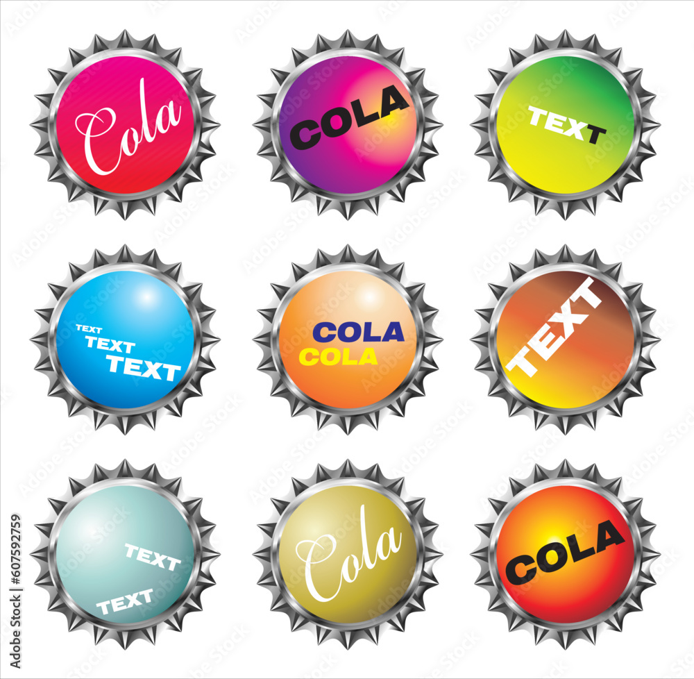 Little collections of bottle caps with various colorful designs Little collections of bottle caps with various colorful designs