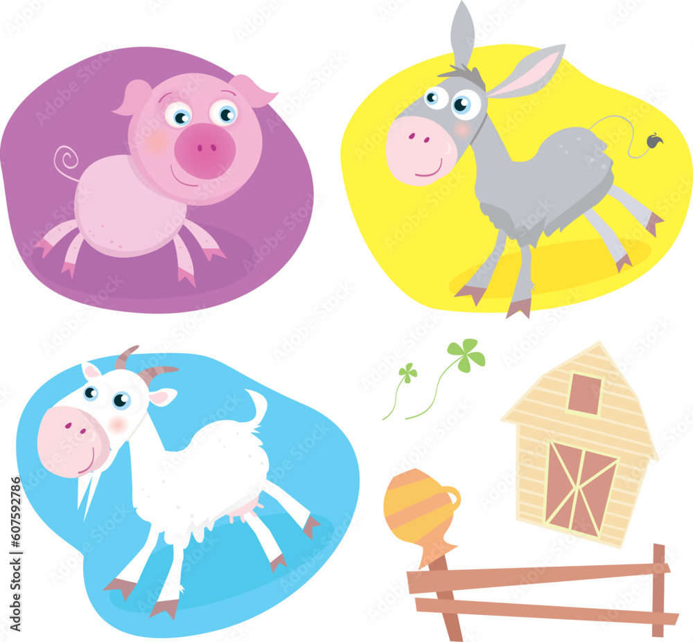 Funny baby animals. Includes also Farmhouse, fence and four-leaf clover. Vector Illustration.