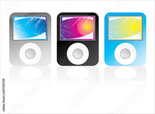 colored mp3 players with fantasy abstract screen background