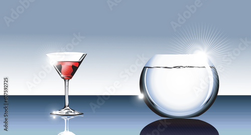 elegant Wine glass and fishbowl on a glass table.