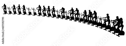 Editable vector illustration of people using exercise bikes