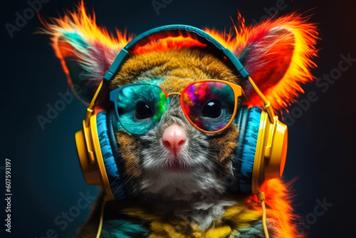 Artwork Illustration of koala in headphones leastening music. Generative AI