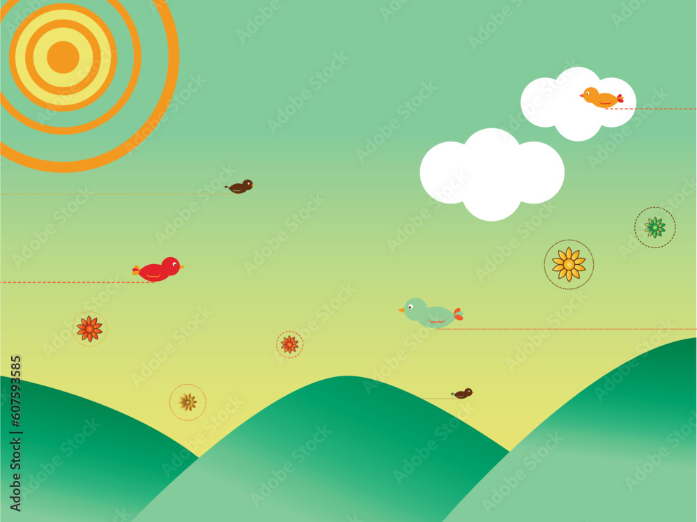 Retro style sky with mountains, birds and flowers Retro style sky with mountains, birds and flowers