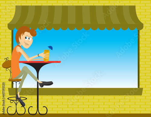 Illustration of a lady sitting at an sidewalk cafe.