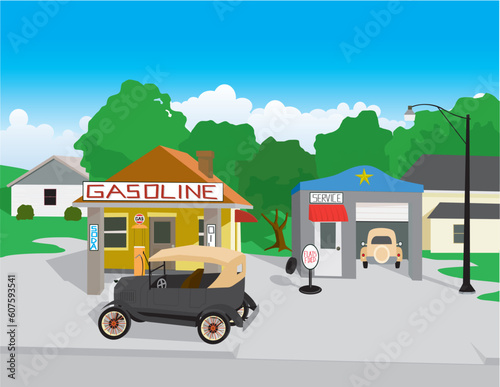 Vector illustation of an old gas station with an old car.