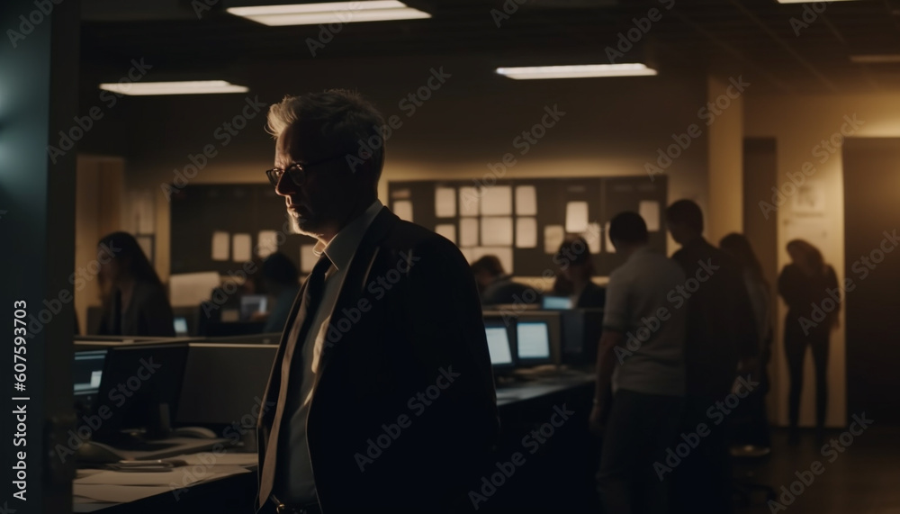 Business people discussing success in dark office generated by AI Business people discussing success in dark office generated by AI