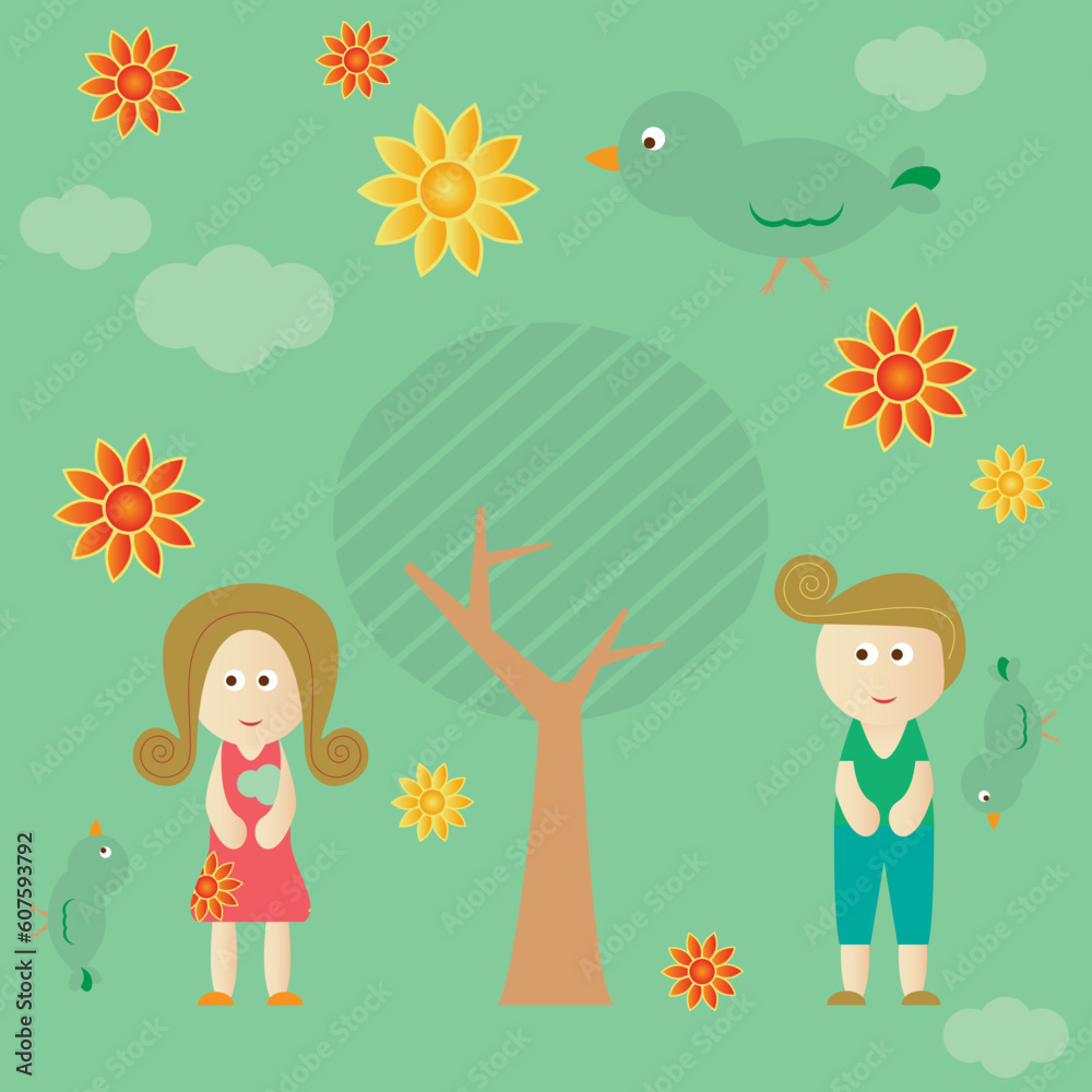Retro style couple background with tree, sun, clouds, flowers and birds Retro style couple background with tree, sun, clouds, flowers and birds