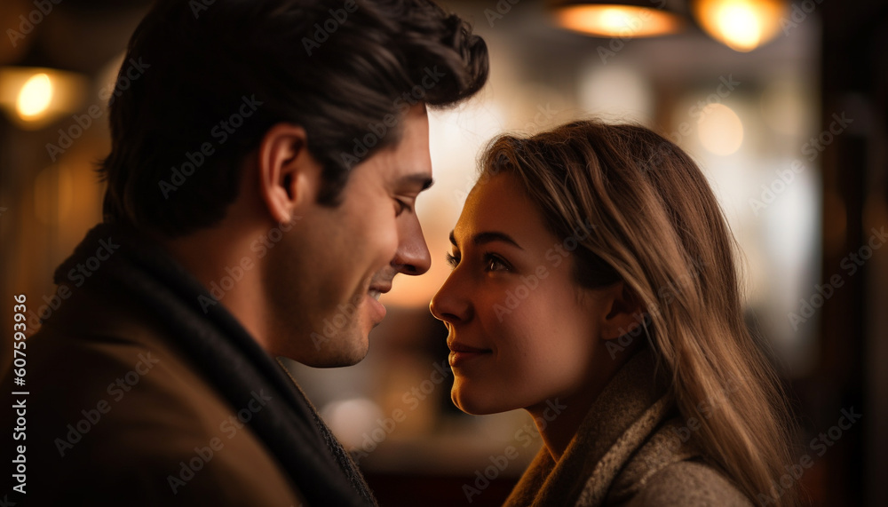 Young couple embracing, smiling, enjoying domestic life generated by AI Young couple embracing, smiling, enjoying domestic life generated by AI