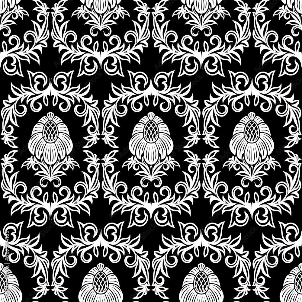 Fototapeta premium Seamless from leaves and flowers on black background (can be repeated and scaled in any size)