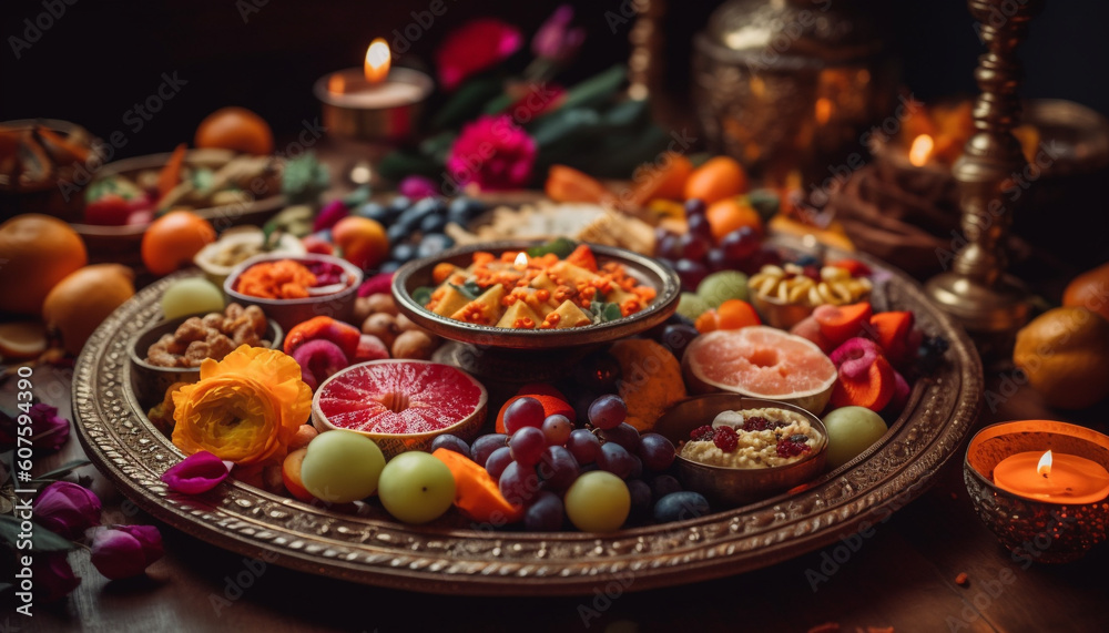 Abundance of colorful fruit and vegetables on table generated by AI
